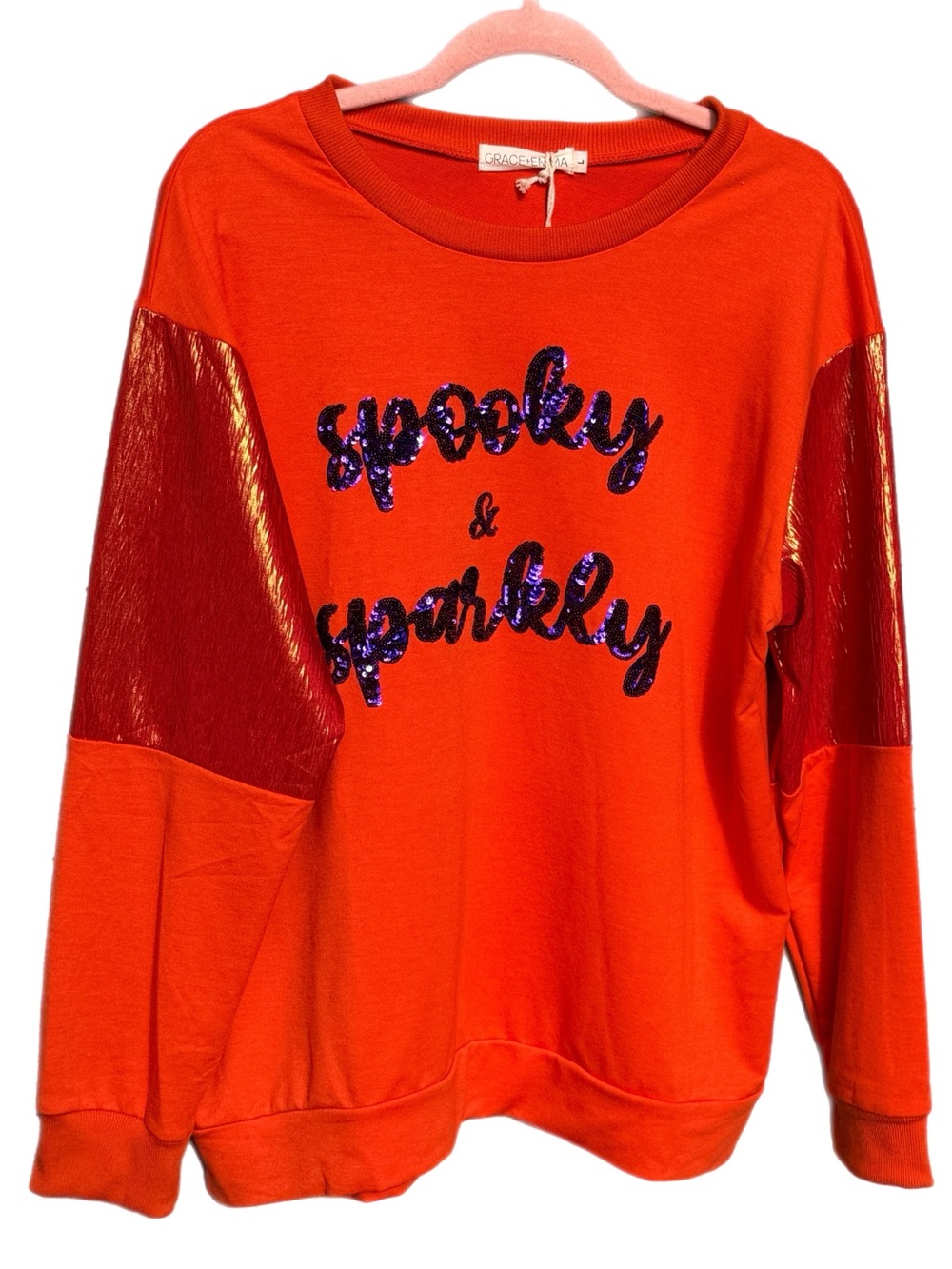 Grace & Emma Spooky & Sparkly Orange Sequin Halloween Sweatshirt